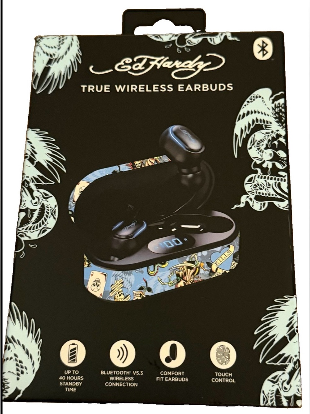 Ed Hardy True Wireless Earbuds - Black with Light Blue Graphic Case